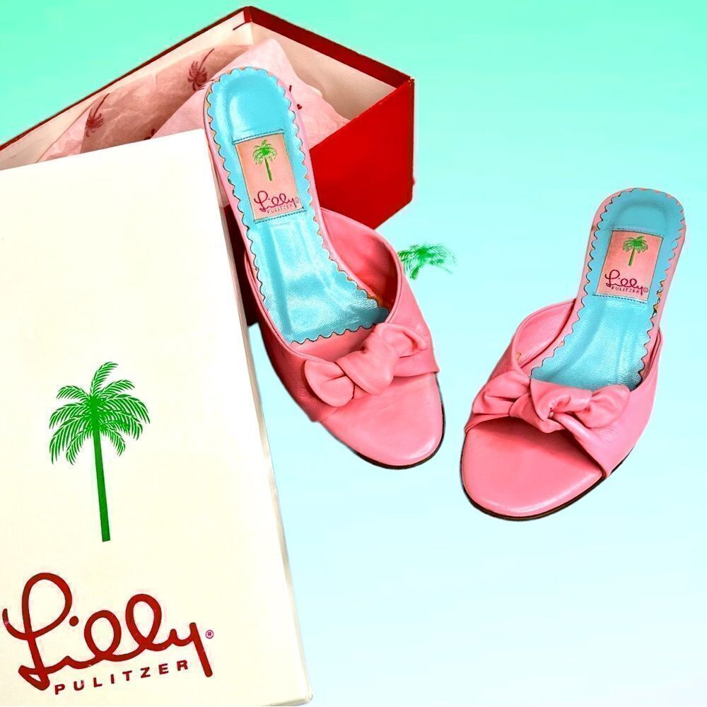 Lilly Pulitzer Women's Napa Sandals Slides Hibiscus Pink Leather Bow Kitten Heel - Picture 2 of 10